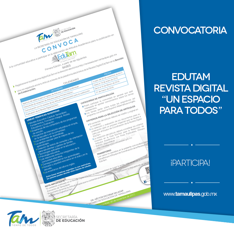 Últimos días para el registro a participar en la Revista Digital EDUTAM “Un espacio para todos”