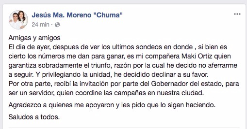 Se baja Chuma de la contienda.