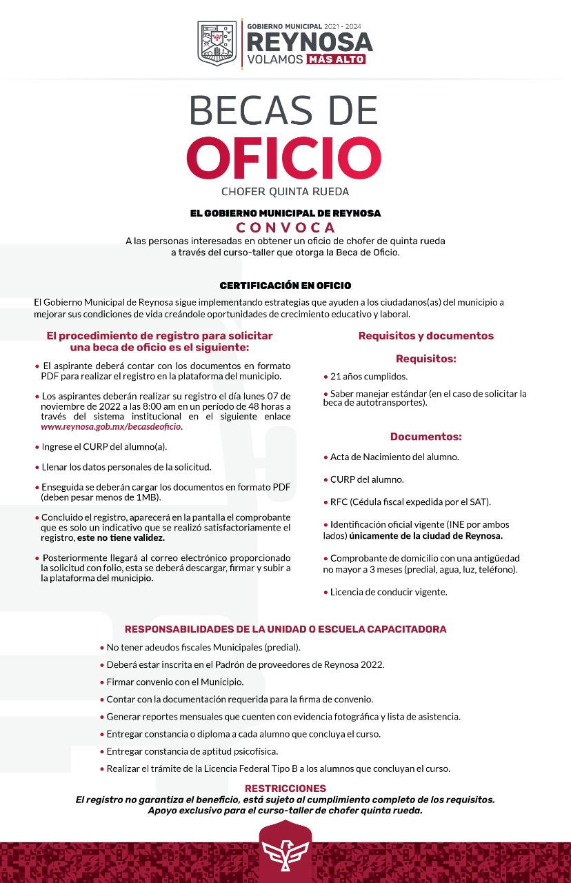 Anuncia Gobierno de Reynosa Becas de Oficio para chofer de 5ta rueda 